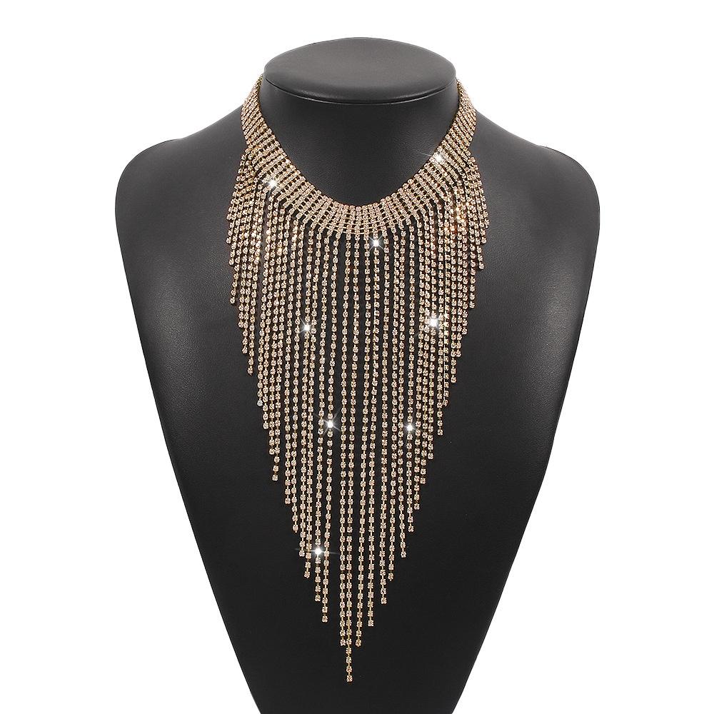 Unique N9886 Statement Necklace Geometric Shape With Sparkling Rhinestones And Fringe Perfect For The Spring Season