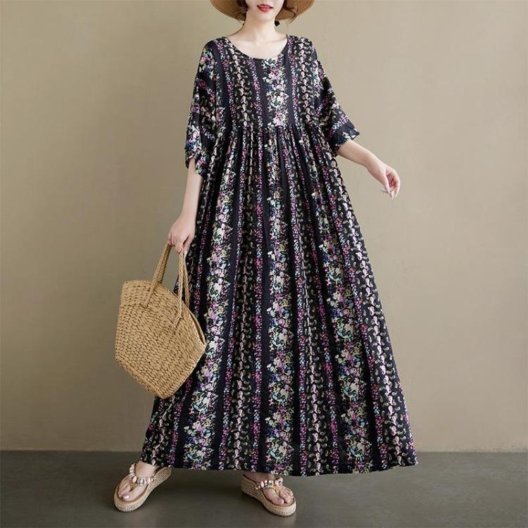 New Vintage Casual Loose Maxi Dress Plus Size Women Summer Short Sleeve Basic Dress