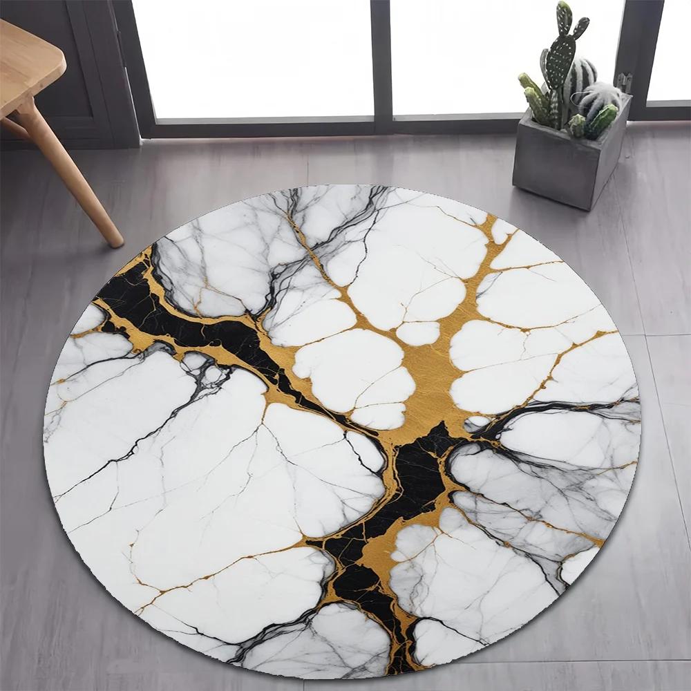White Gold Marble Round Area Rug –Elegant Carpet for Bedroom or Living Room – Non-Slip Floor Mat, Pet-Friendly Modern Home Decor