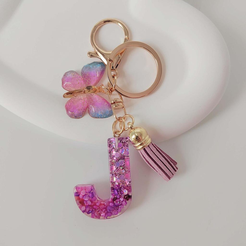 Purple Iridescent Resin Letter Keychain with Butterfly Tassel