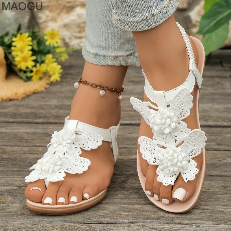 Women's Summer Bohemian Flip Flops Butterfly Flower Sandals White Beach Wedge Platform Slippers Fashion Outdoor Holiday Shoes