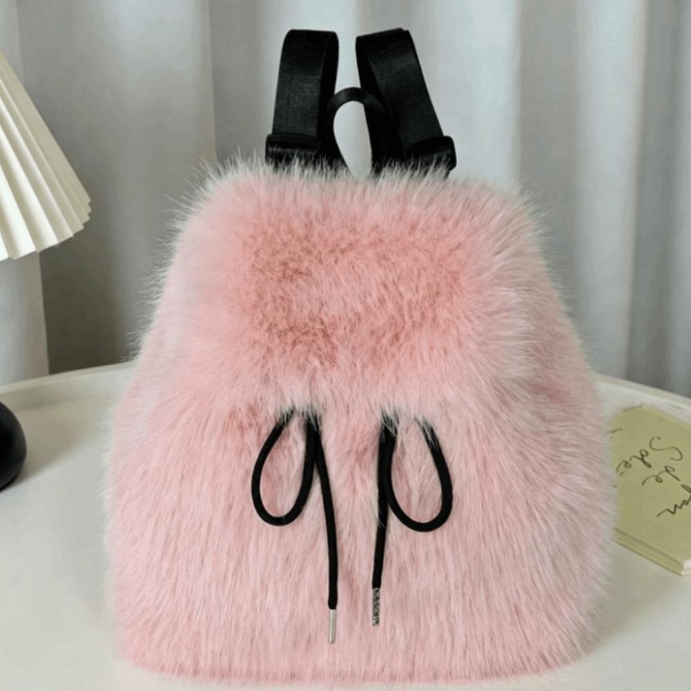Drawstring Mini Daypack Adjustable Closure Plush Knapsack Y2k Fashion Faux Fur Backpack Travel