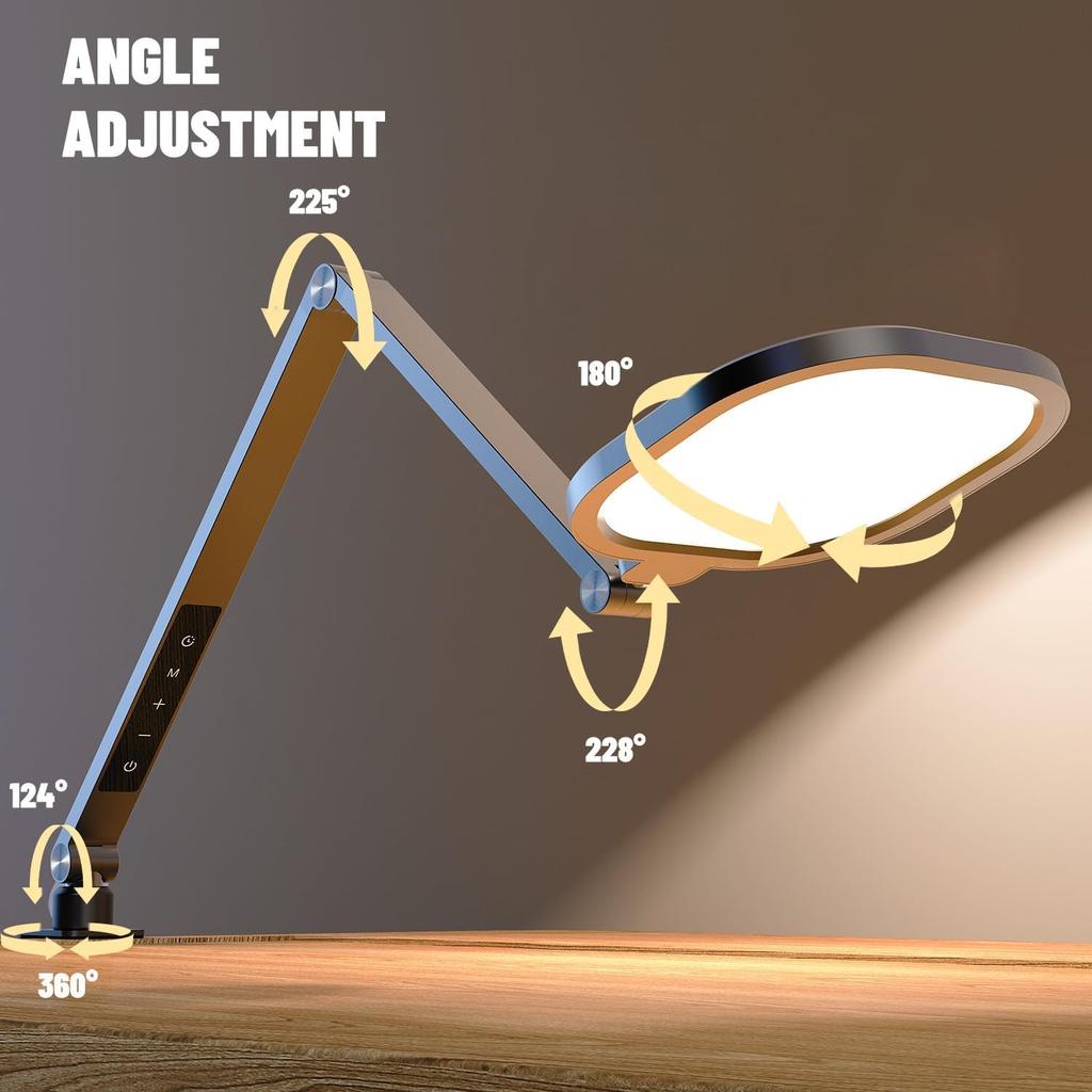 Led Desk Lamps for Home Office, Eye-Care Architect Light with Clamp, Dimmable Zoom Lighting with 3 Color Modes & 10 Brightness, Smart Computer Ring