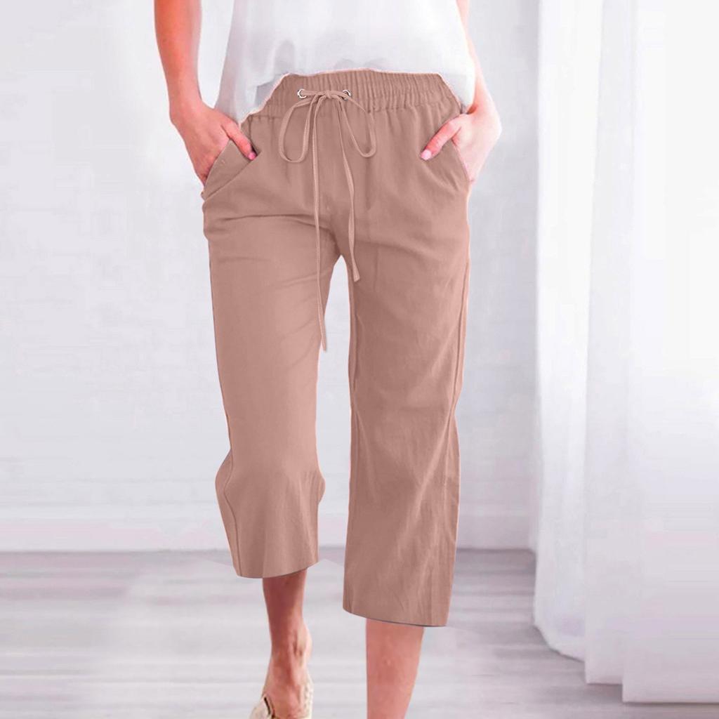 Women's Solid Color Drawstring Cotton And Linen Casual Loose Straight Pocket Home Cropped Pants