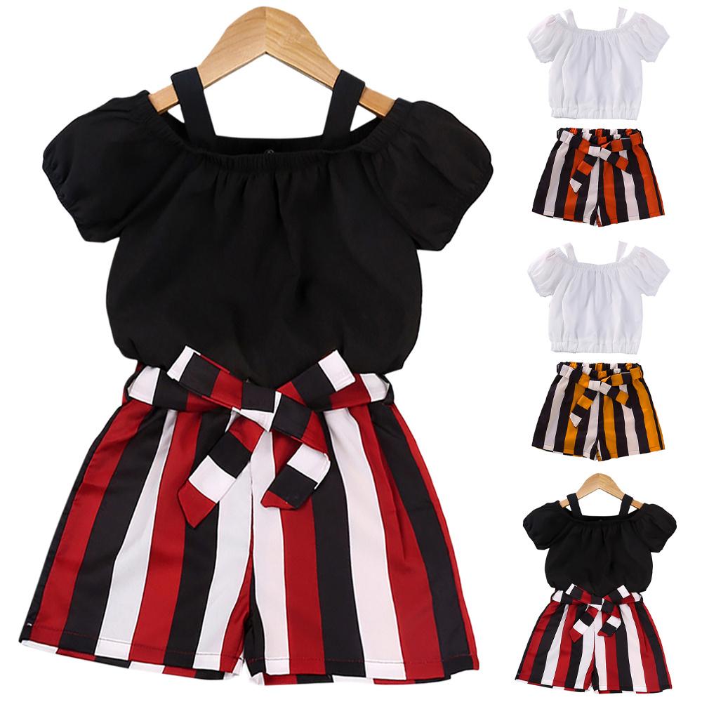 

Лето с коротким рукавом футболка полосатые шорты две части комплект Baby Girls Вечеринка Наряды