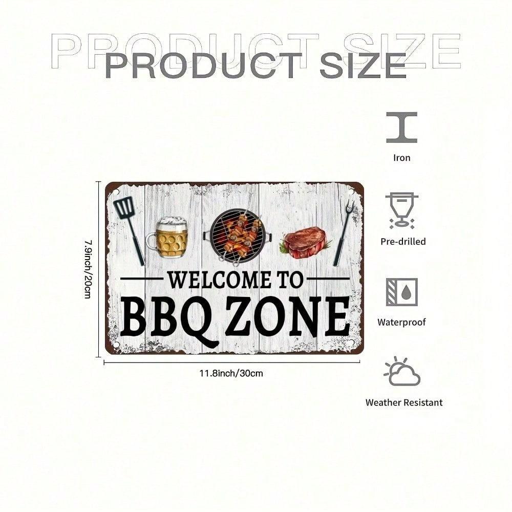 Cartello in Metallo Zona Barbecue Vintage 20x30cm Arte da Parete Rustica Resistente alle Intemperie Decorazione per Grigliate all'Aperto
