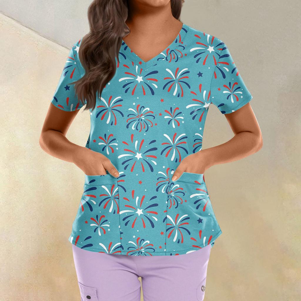 Topuri Uniformă de Lucru Scrub Imprimate Mărimi Mari Pentru Femei Gât în V Încrucișat Imprimeu Ziua Independenței Mânecă Scurtă Tricouri Amuzante Tricou de Lucru cu Buzunare