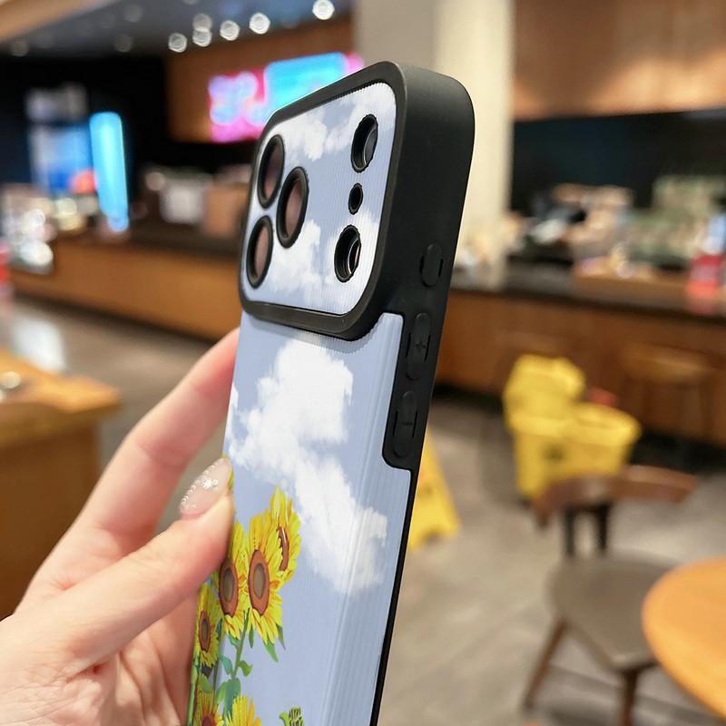 Sunflowers Tulips Floral Printed Vertical Grain Leather Soft Silicone Phone Case Back Cover with Camera Lens Full Protection for iPhone 17