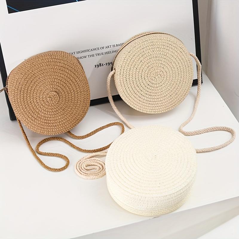 1pc Handmade Bohemian Style Round Woven Tote Bag - Zipper Closure, Durable Shoulder Strap, Perfect for Beach Vacations, Beach Tote Bag