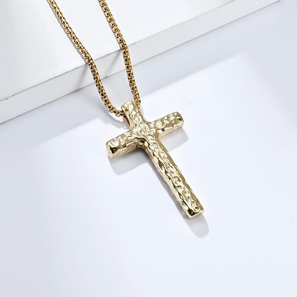 Vintage Distressed Titanium Steel Cross Necklace with Hammered Pattern