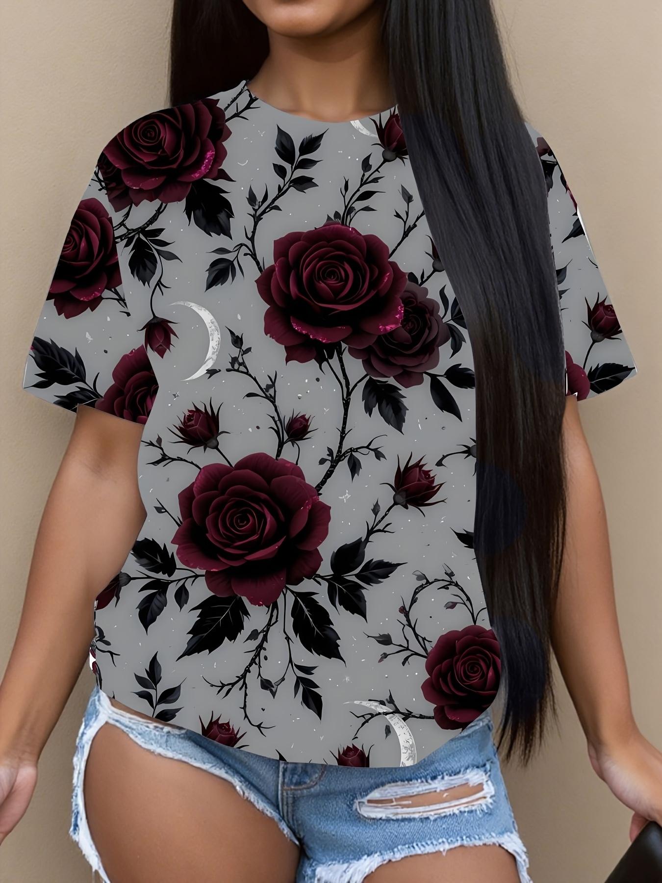 

Women s Black and Red Floral Print Round-neck T-shirt. with Rose Print Design. This Short-sleeved Casual Summer Top Is Perfect for Casual Wear and Spr 3XL дубильна кора