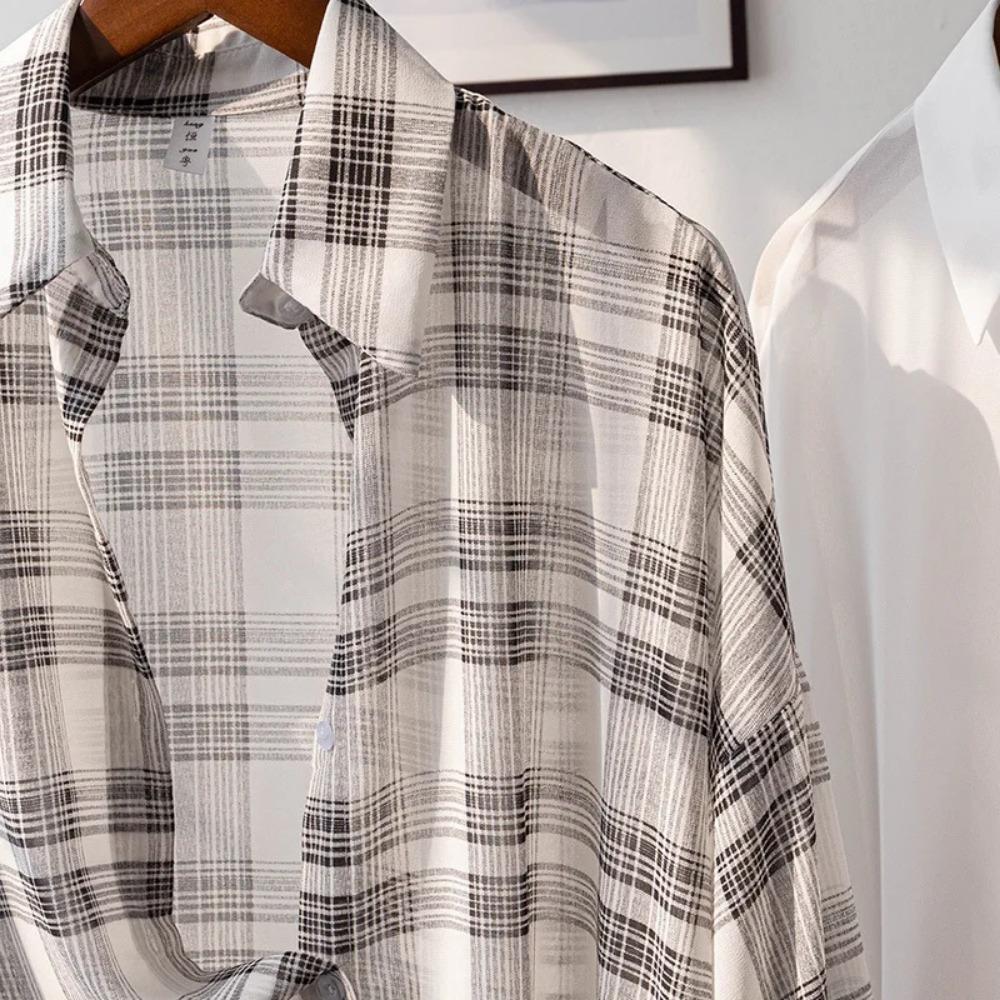 Cămașă Plaid din Șifon Transparent pentru Femei Mărimi Mari cu Guler și Nasturi Bluză de Vară Lejeră Casual