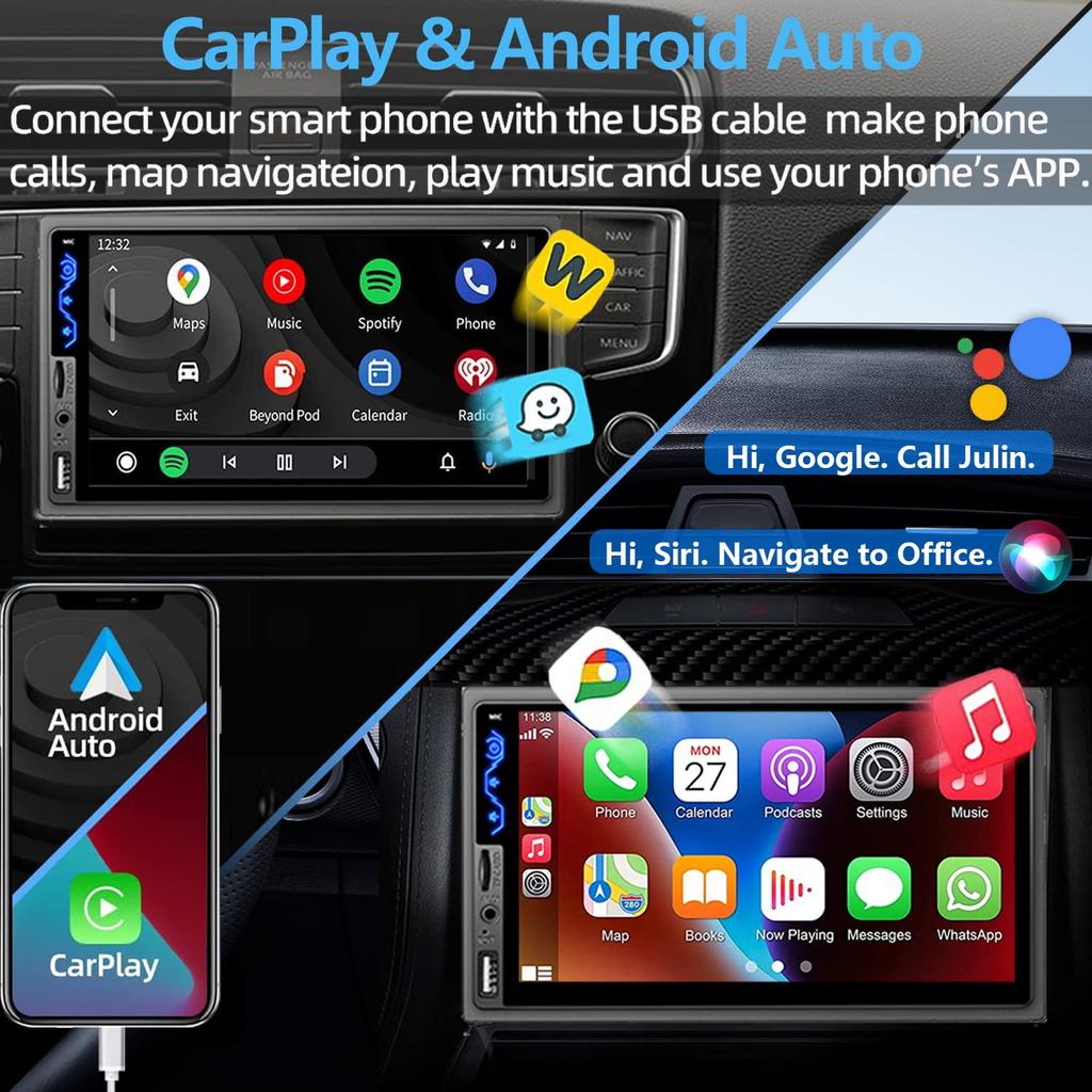 Double Din Car Stereo Compatible with Apple CarPlay and Android Auto - 7inch HD