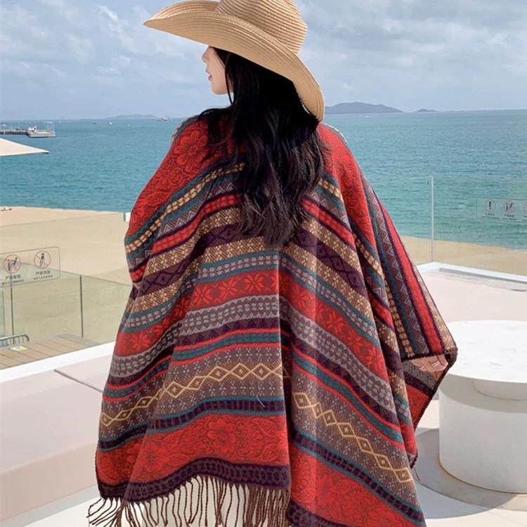 Ethnic Style Tassel Shawl: Xinjiang Tibet Yunnan Lijiang Travel Jacquard Outerwear Warm Striped Cape