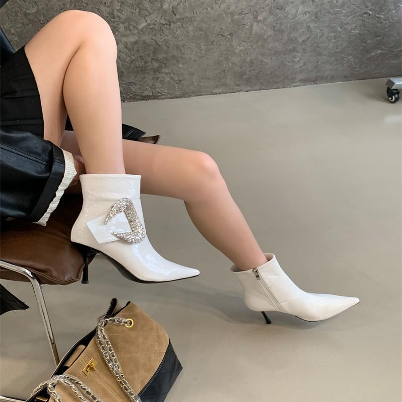 2025 autumn new pointed thin heel high heel temperament thin French fashion sexy rhinestone buckle short boots