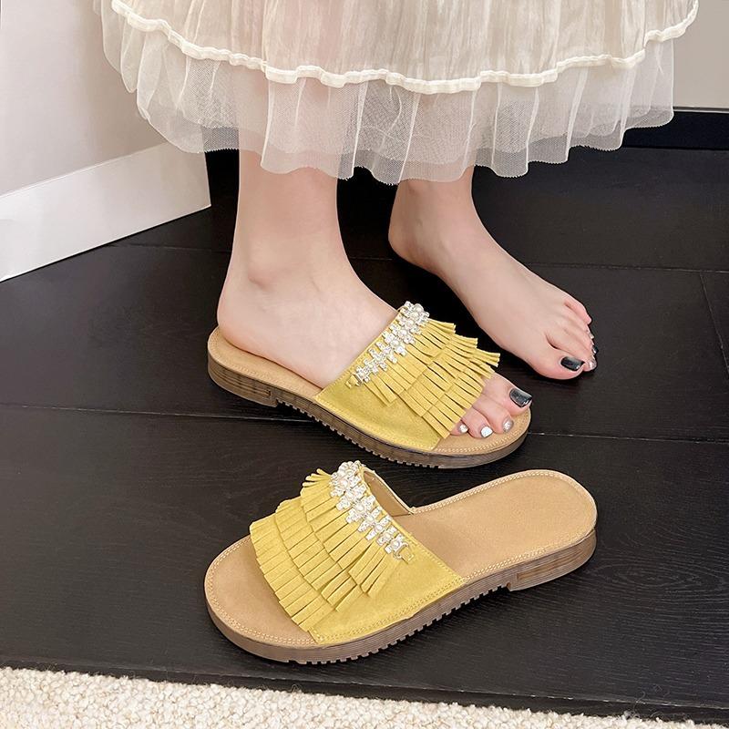Fashion Pearl Retro Fashion Tassel Flip Slippers Women Summer Outside Wear Casual Flat Comfortable Slip-on Slippers