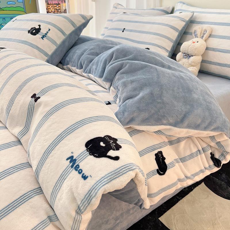 Thickened Milk Fleece Four-Piece Set Double-Sided Fleece Coral Fleece Quilt Cover Sheet Three-Piece Set