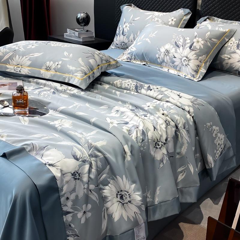 Summer Cool Tencel Quilt Set 4 Piece Includes Summer Blanket Bed Sheet Two Pillowcases Silk Lightweight Quilt For Double Twin Size