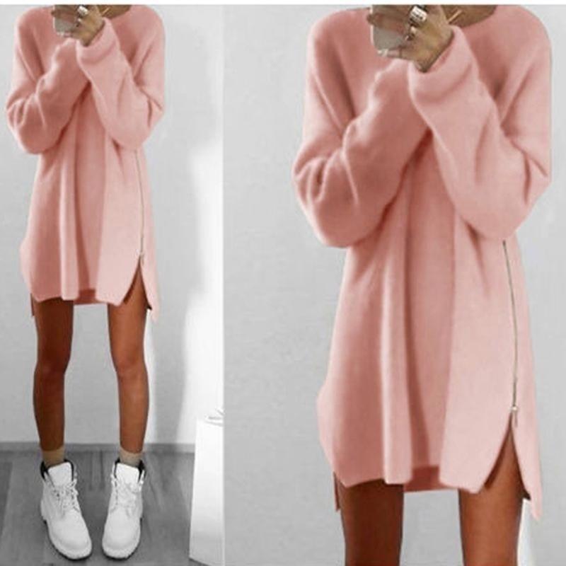 Buy S-4XL Spring and Autumn New Frayed Casual Solid Color Loose Round Neck  Long Sleeve Zipper Sweater Ladies Dress at affordable prices — free  shipping, real reviews with photos — Joom
