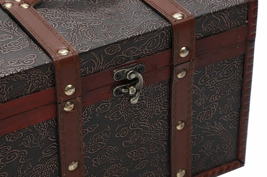 Antique-style wooden box with embossed details and retro rivet decoration for small items
