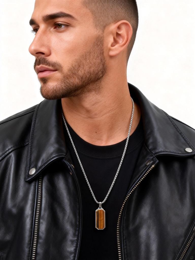 Small Dogtag Tiger Eye Stone Necklace for Men,Stainless Steel Silver Color Natural Stone Pendant,Punk Biker Jewelry Gift