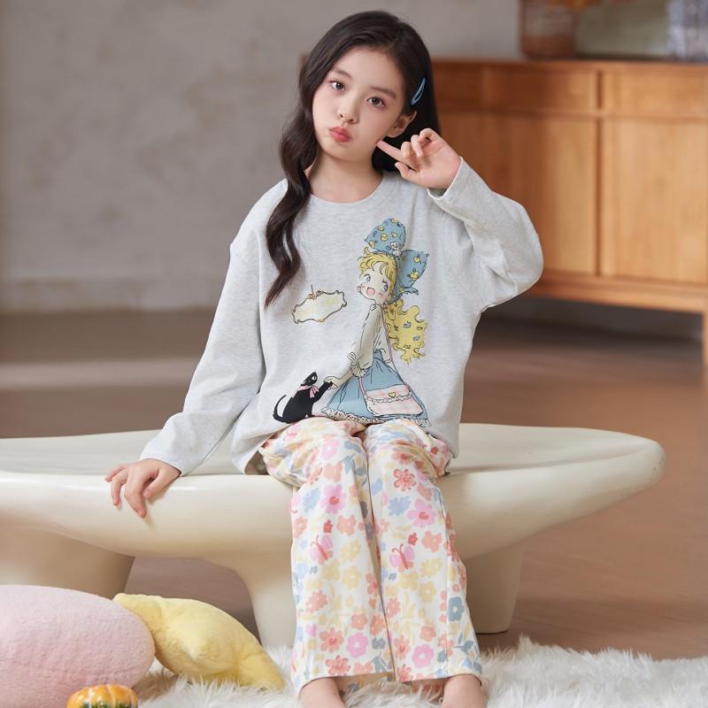 Girls Cotton Pajama Set Long Sleeve Round Neck Cartoon Print Sleepwear Kids Teens Home Wear