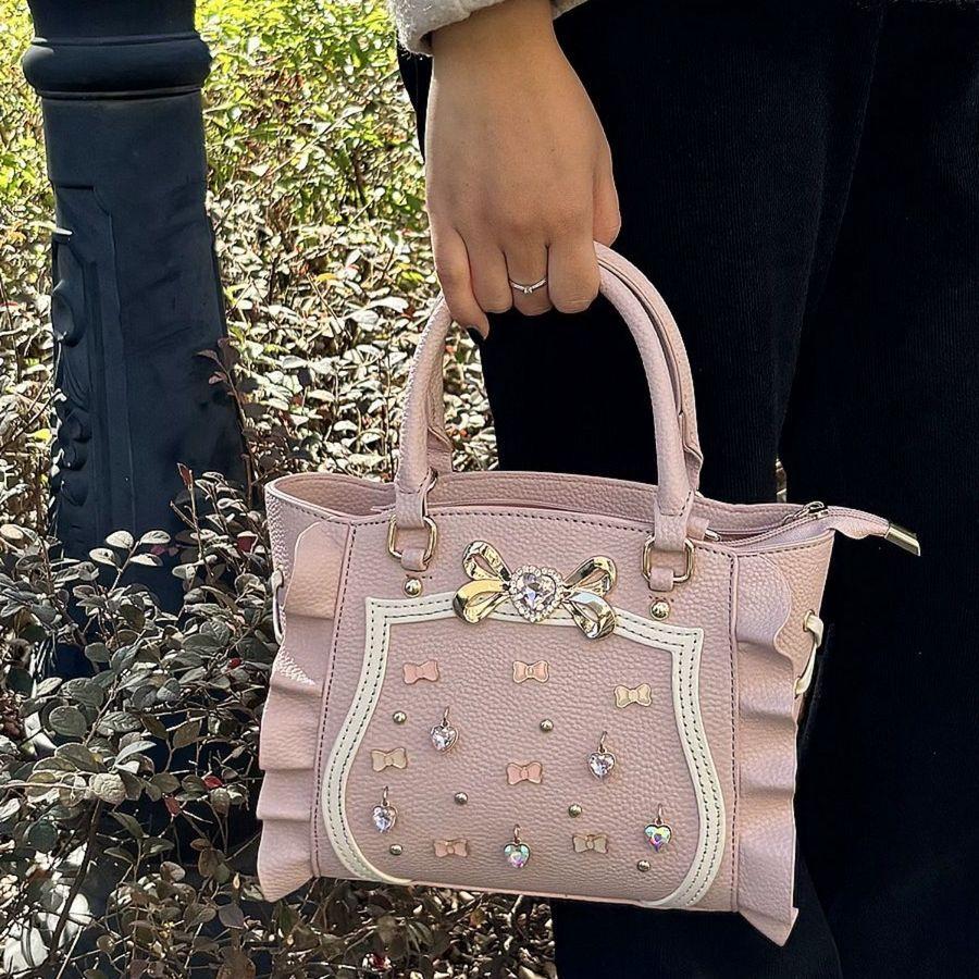 Sweet Landmine Series Pink Hand Bag Women Beading Ruffle Bow Handle Shoulder Crossbody Bags Ladies Fairycore Cute Tote Bag