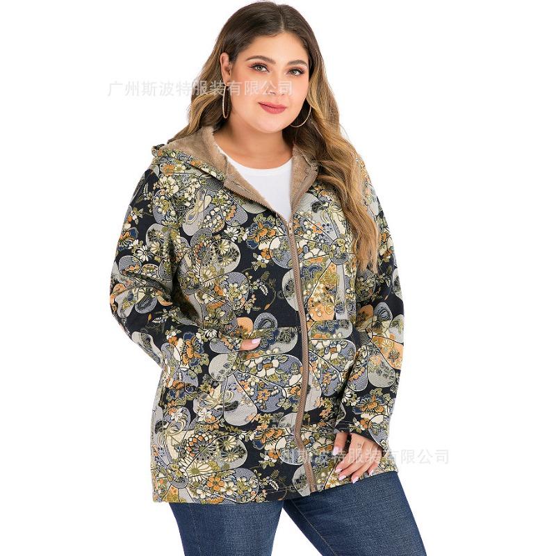 Women Casual Outwear Winter Warm Retro Printed Pockets Zipper Hooded Thicker Coat Plus Size