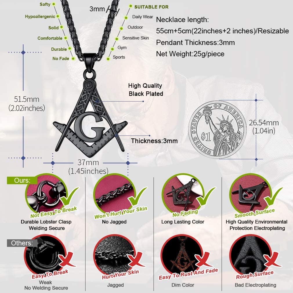 U7 Masonic Necklace Freemason Square & Compass Letter G Symbol Stainless Steel Free and Accepted Masons Pendant Jewelry Gift