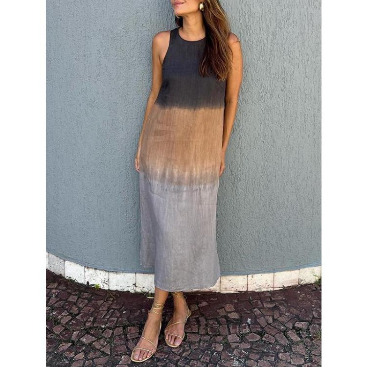 Women's Summer Loose-Fit Casual Cotton-Linen Sleeveless A-Line Skirt with Side Slit An Elegant Gradient Dress