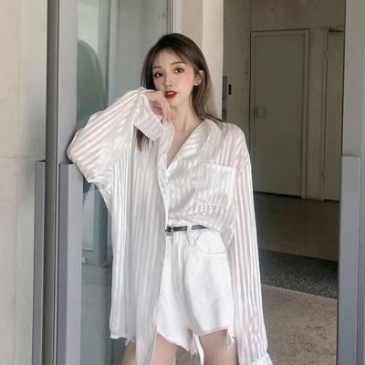 White French Style Shirt with Women's Long Sleeves and Striped Design Niche Loose and Versatile Bright Silk Sunscreen Shirt Thin Jacket Summer
