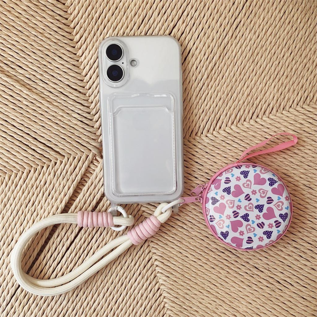 Průhledný kryt na telefon s poutkem na ruku, slotem na karty a kapsičkou na mince/klíče pro iPhone 15 Pro/ Pro Max