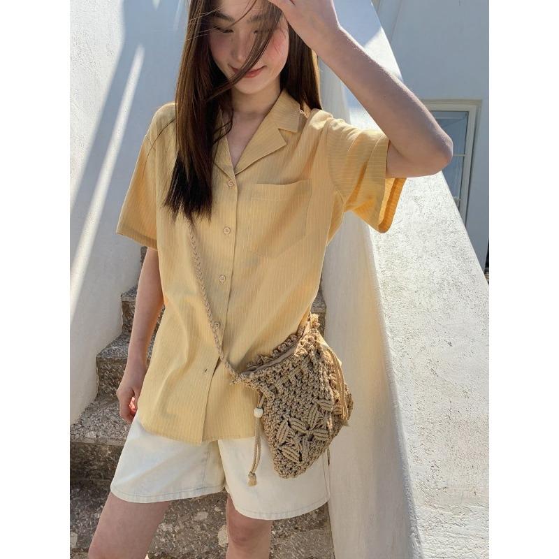 Niche Design Striped Short-sleeved Shirt for Women Summer New Style Style Shirt Loose Casual Suit Collar Top