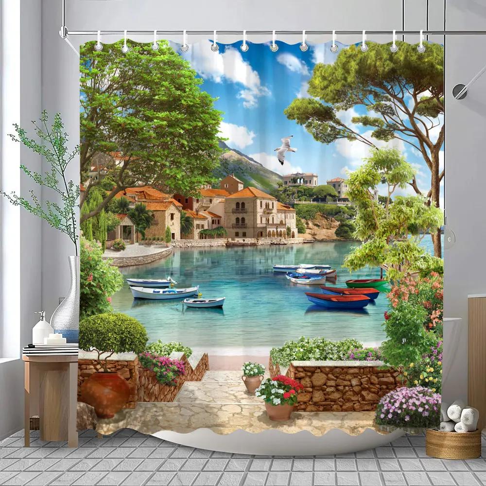 Outdoor Garden Landscape Shower Curtain Lapa Old Town Coastal Landscape Mediterranean Landscape Shower Curtains Bathroom Decor