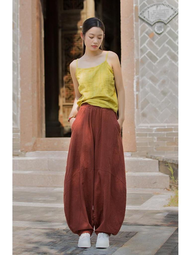 Damen Frühling Baumwolle-Leinen Locker Geschnitten Ramie Laternenhose