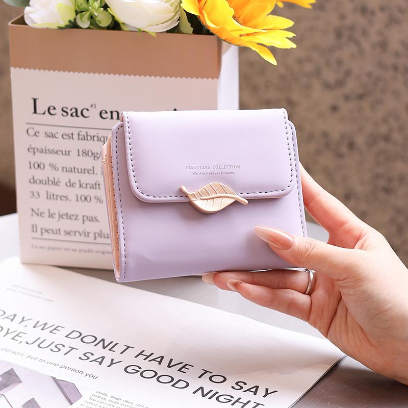 Wallet Women's Short Solid Color Zipper PU Leather Niche Women's Leaf Sub Coin Wallet