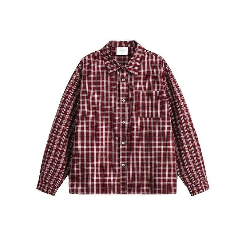 

Красная клетчатая повседневная рубашка с длинным рукавом - Американский ретро уличный стиль Medium красный