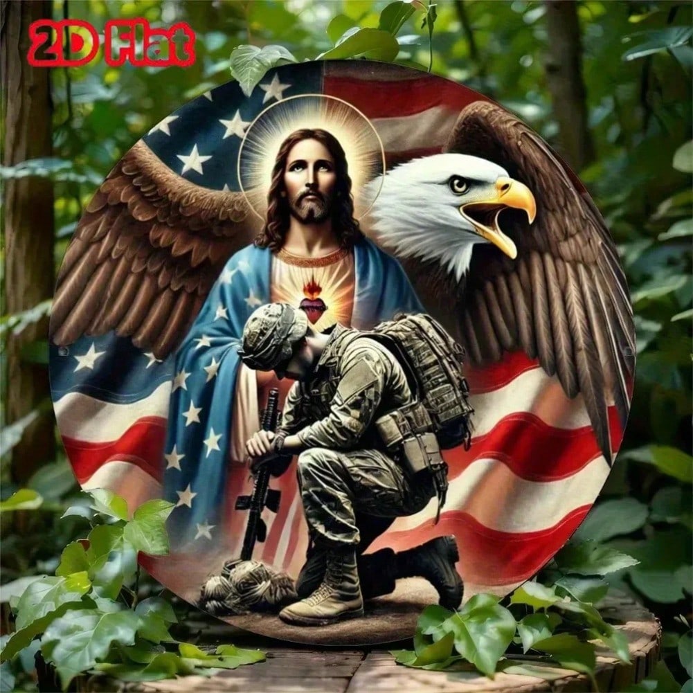 Vintage Patriotic Tin Sign God Bless Soldier Jesus Eagle Art Metal Wall Decor