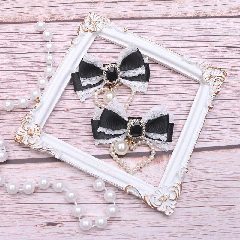 [1 Pair] Cute Hairpin Lolita Cosplay Y2K Hairpin Things for Girls Hair Bow Pearl Lace Girls Hairpin Hair Buckle