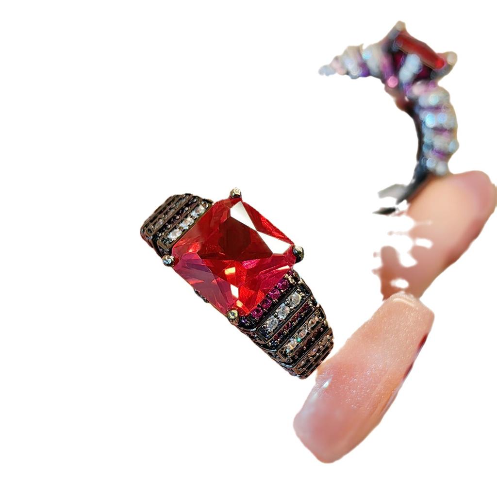 Premium Cold Wind Plated Black Gold Colored Treasure Red Corundum Ring Retro Luxury Angel Wings Blue Pointed Crystal Women'S Ring