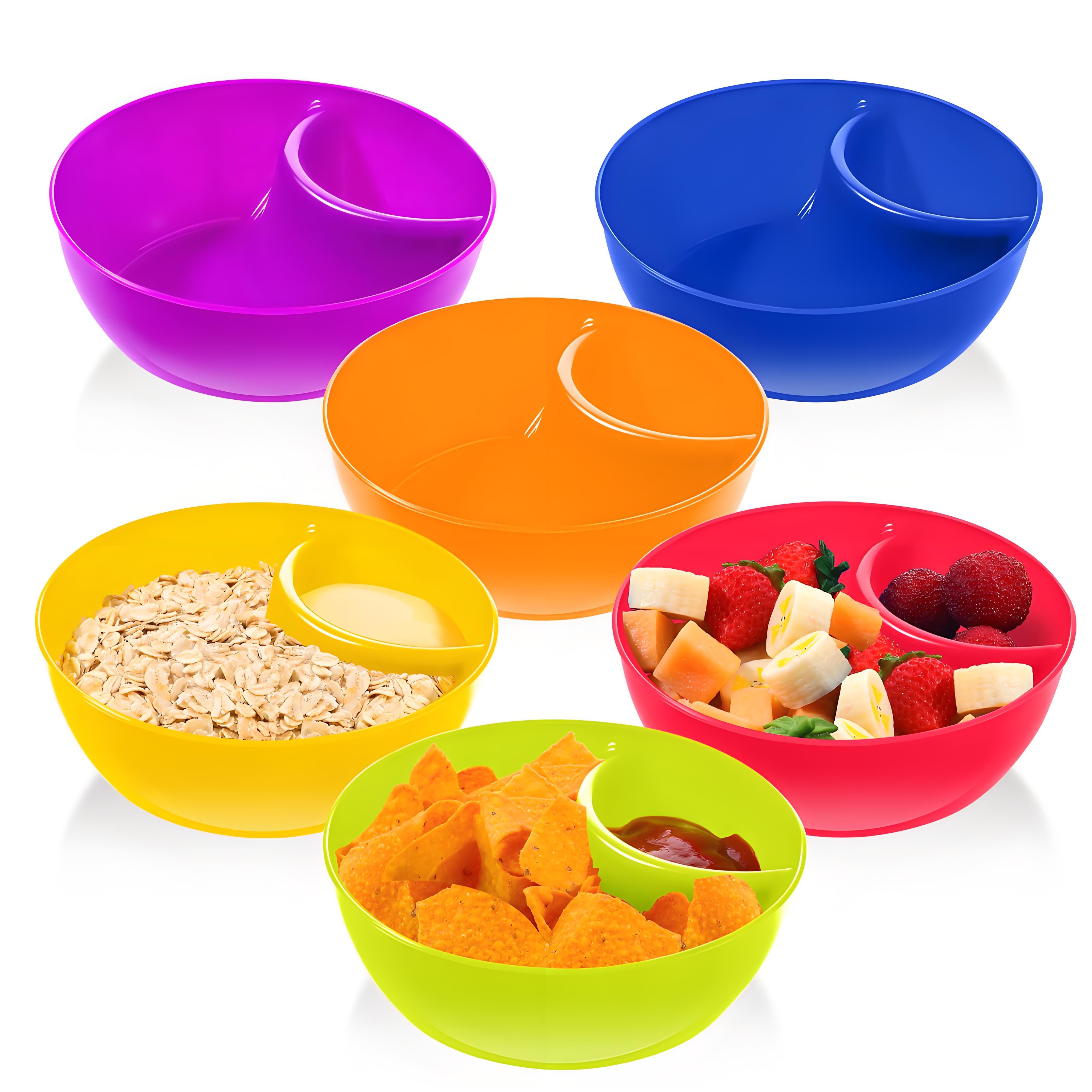 

Умные миски для закусок сохраняют чипсы хрустящими | Разделенные отсеки для соусов | Штабелируемый и пригодный для мытья в посудомоечной машине набор из 6 предметов ярких цветов