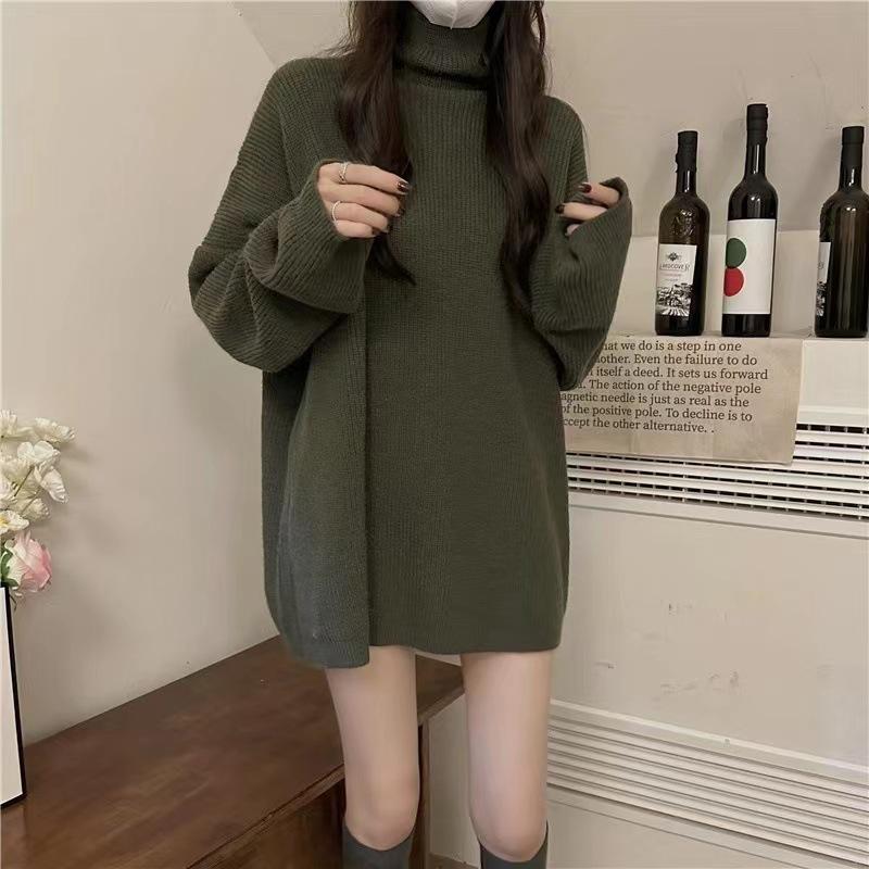 

Модный, простой и свободный базовый вязаный свитер, топ, в иностранном стиле, в стиле ретро-лени, женский свитер с высоким воротником 411-271 (average size) зелёный