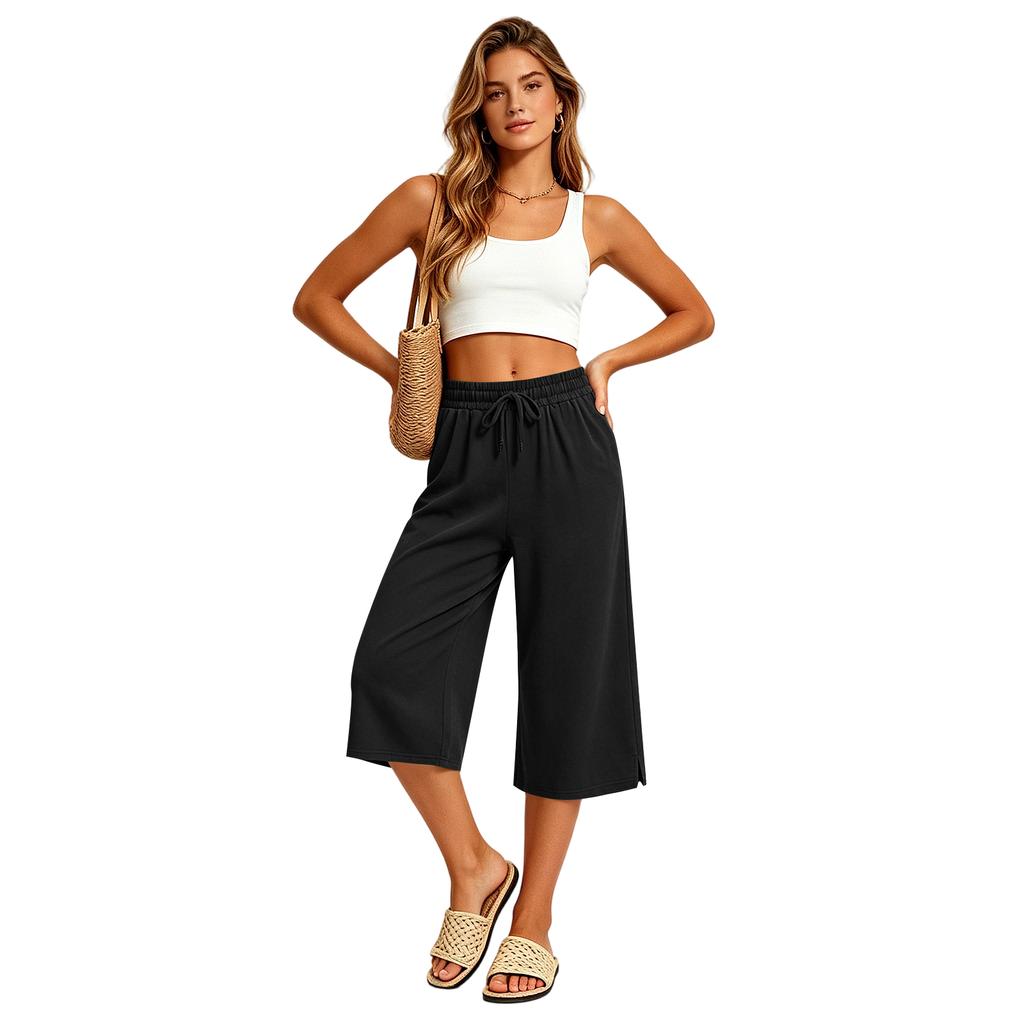 Pantaloni da donna a gamba larga pantaloni cropped da donna con elastico in vita coulisse casual vestibilità ampia Pantaloni da donna pantaloni per donne