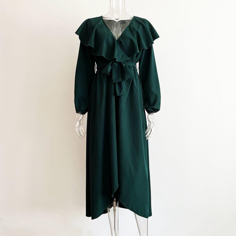 

Fashion Wind Spring & Fall New Arrival V-neck Flounce Elastic Waist Dark Green Asymmetrical Split Long Sleeve Dress Dress Dark green L