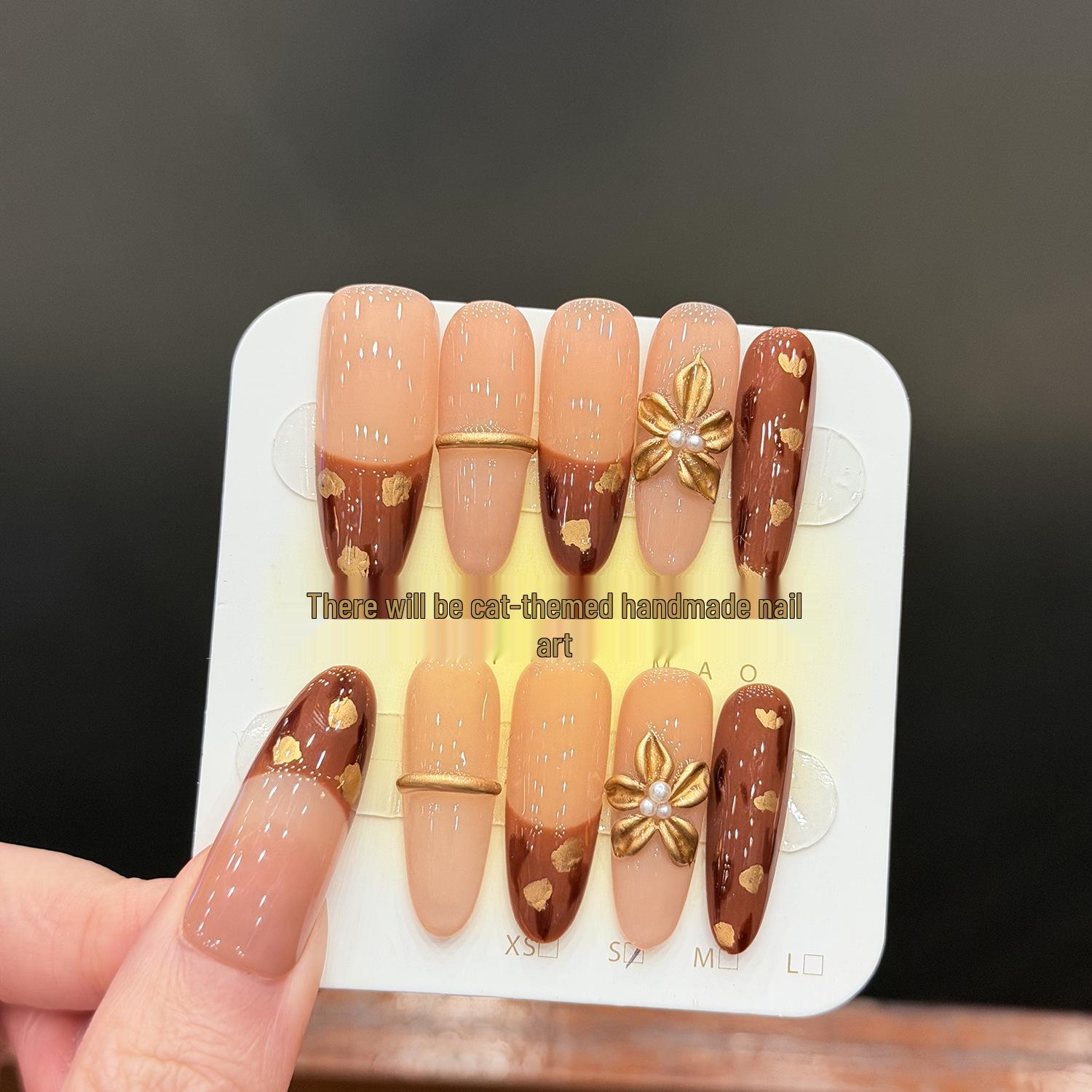 Cat Milk Tea Flower Autumn/Winter Gilded Leopard Print Handmade Nails M - Long Oval