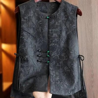 Black Jacquard Vest Women Chinese Style Vintage Embroidered Vest Round Neck Sleeveless Retro Tops