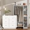 Modern Multi-Purpose Wardrobe, Open Closet with Clothes Rail, 6 Drawers and Side Shelves, Bedroom Storage Cabinet, White, 139 × 35 × 133 Cm