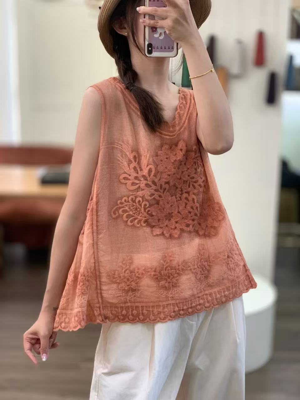 

Spring and summer new pure cotton lace lace small vest temperament versatile casual loose and thin inner top women one size fits all помаранчевий