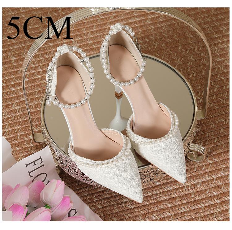 Fashion High Heeled Shoes Women's 2025 Summer with A Thin Heel and Pointed Toe A Straight Cut Lace Surface White Pearl Bridal Shoe Women
