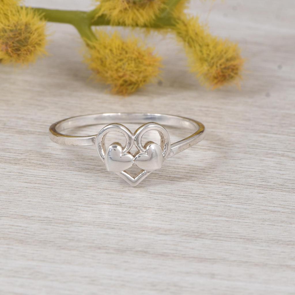 Double Heart Silver Ring, 925 Sterling Silver Minimalist Love Ring, Open Heart Design Dainty Ring Gift for Her.